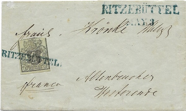 Kombination aus Einzeiler und zweizeiligem Stempel – beide in blau. Der einzeilige Stempel wurde fast ausschließlich zur Vorausentwertung benutzt, hier als übergehender Poststempel