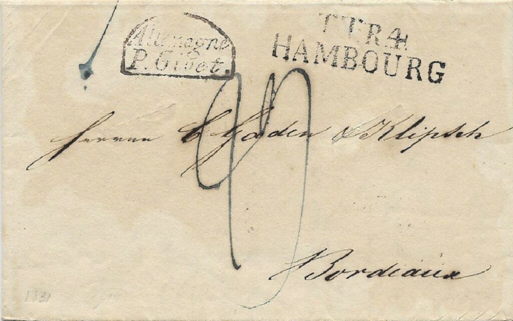 Brief vom 2.September nach Bordeaux. Deutlich sind zwei parallele Schlitze zu sehen, auch zeigt das Papier Verfärbungen, die von der Behandlung mit Essigwasser herrühren.