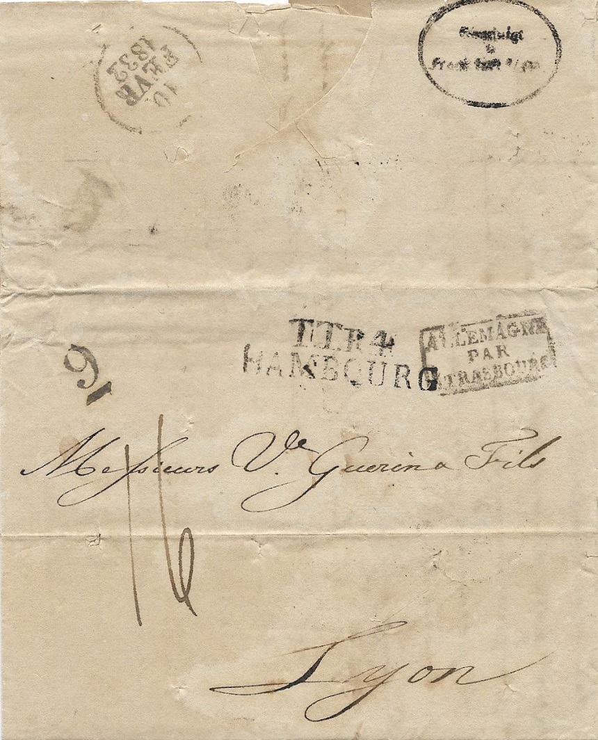 1832, 31.1. Von Hamburg nach Lyon „Gereinigt in Frankfurt a/M.“