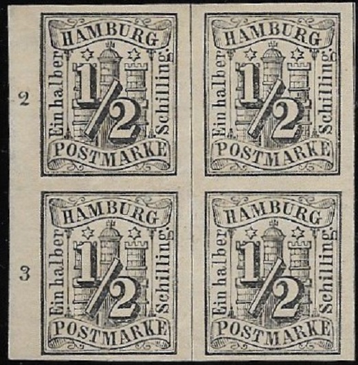Viererblock mit zwei postfrischen Exemplaren der ersten Hamburger Briefmarke