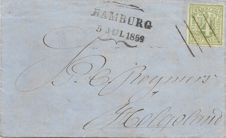 Schon ziemlich selten – nach Helgoland im Juli 1859. Das 4-Schilling-Porto fand nur auf Briefen nach Helgoland und einigen Orten im Oldenburgischen Verwendung 