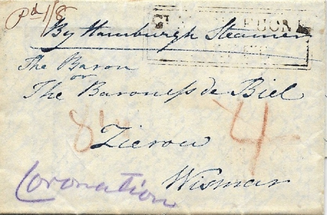 Adressiert an: „The Baron or Baroneß de Biel Zierow Mecklenburg“