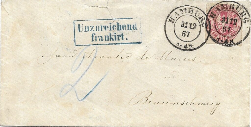 Hier gibt es den Stempel in blau..und das war am letzten Tag der preußischen Post in Hamburg – 31.12.1867 !