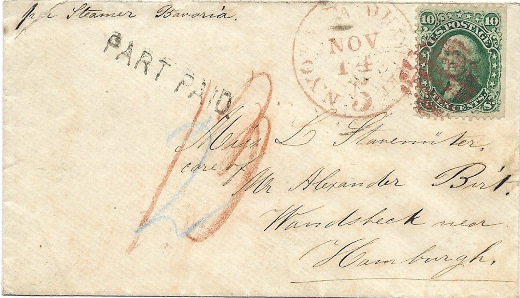 Nach „Wandsbeck near Hamburgh“ lautet die Adresse. 10c amerikanisches Porto galt aber nur BIS Hamburg. Wandsbek aber lag im dänischen Postgebiet, also war der Brief nur „PART PAID“ und wurde entsprechend nachtaxiert