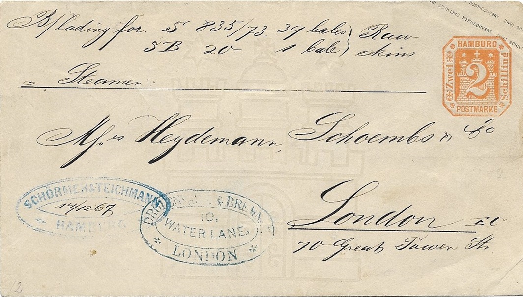 Der Ovalstempel links weist die Firma SCHÖRMER & TEICHMANN als Absender aus, das Datum 14/12.67 ist handschriftlich eingetragen. In London wurde der Empfang durch den rechten Firmenstempel quittiert.