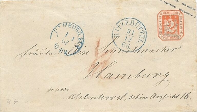 Ritzebüttel war ja eine „Nebenstelle“ des Stadtpostamtes, aber das Porto betrug 2 Schilling – Ein „Glückwunsch“ zum Neuen Jahr, aus der Schuchmacher-Korrespondenz