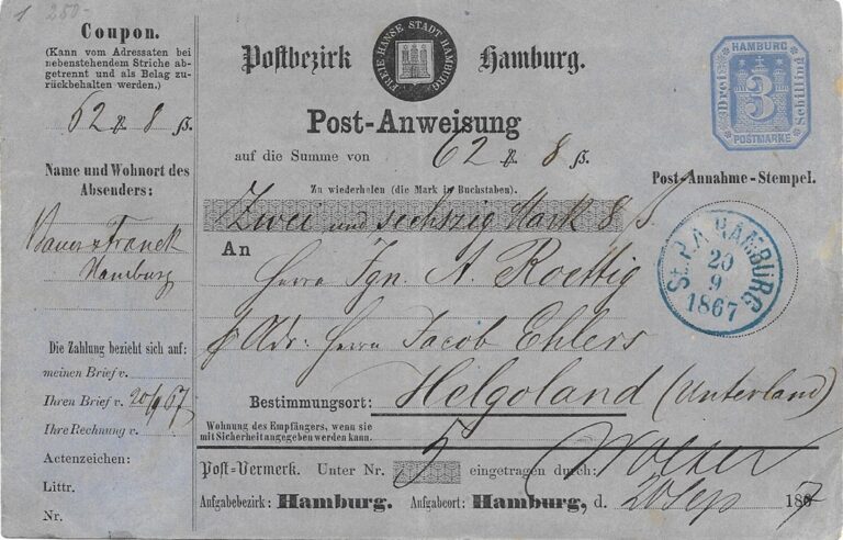 Nach Helgoland adressiert und dort auch der Empfang quittiert. Der blaue Stempel des Stadtpostamtes mit der Jahreszahl war nur im Jahre 1867 in Gebrauch.