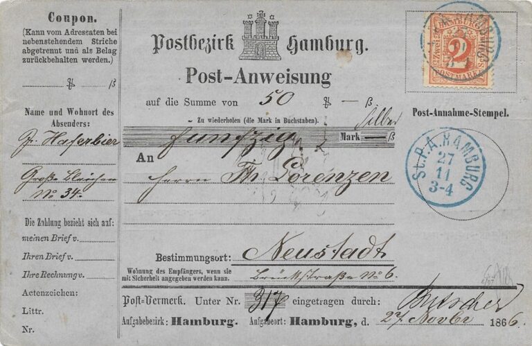 Postanweisung über 50 Mark Silber nach Neustadt in Holstein