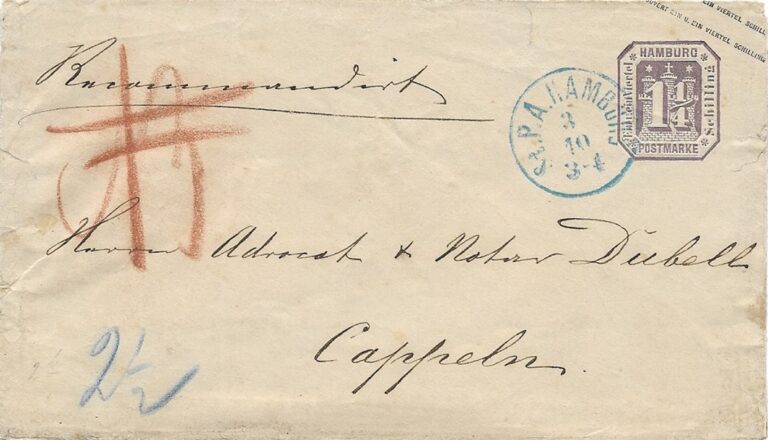 1866 – Einschreiben nach Cappeln, wie der Rötelvermerk zeigt. Die Rekommendationsgebühr wurde in bar bezahlt.