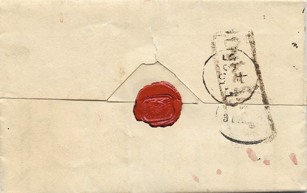 Schwach zu sehen der Ovalstempel des Hamburger Stadtpostamtes vom 31.August als Eingangsstempel, Weiterleitung an das preußische Postamt und Abgang dort nach Swinemünde am gleichen Tag