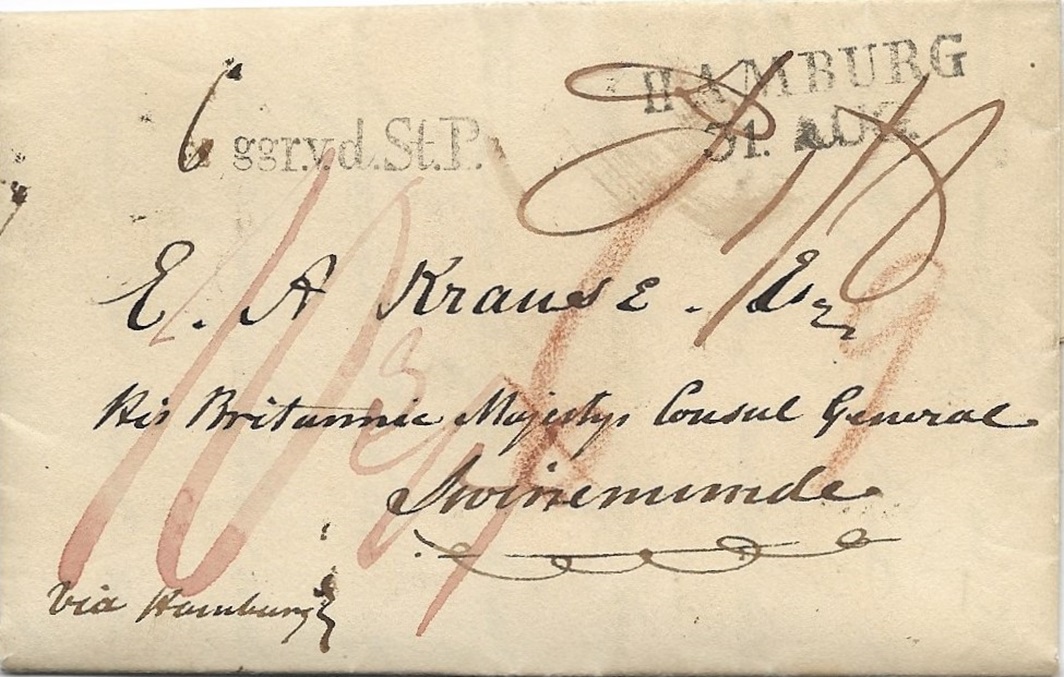 Rechts oben der Zweizeiler des preußischen Postamtes von Hamburg. Taxierungen und roter Tinte „P. 1/8“ und „10 3/4“. Dann gibt es noch zwei Röteltaxen, nämliche eine „6“ (gestrichen) und eine „9“