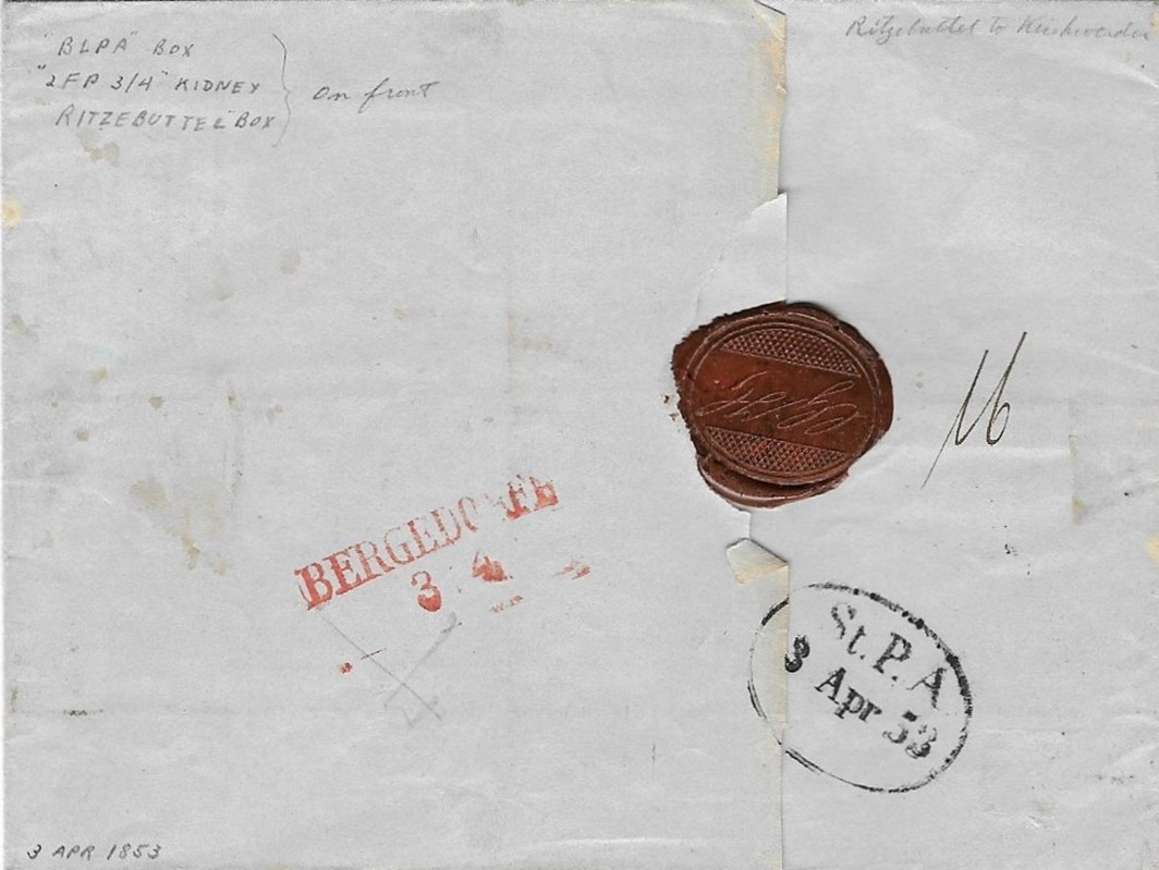 Der Ovalstempel des Hamburger Stadtpostamtes datiert den Brief eindeutig auf das Jahr 1853
