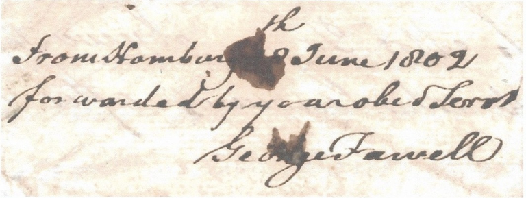 George Fawell - der britische Postagent. Der aus Verona kommende Brief ist ein 7-seitiger Geschäftsbrief, der auch hochinteressante Details und Kommentierungen zur aktuellen Weltgeschichte aufzeigt - u.a. von Bonaparte, dem meist gehassten Mann in England, ist die Rede ...
