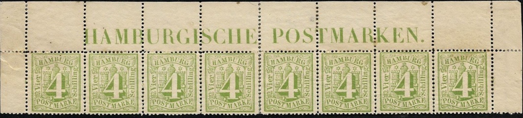 Wir greifen mal etwas vor auf den 4-Schilling-Wert. Hier ist ein kompletter Markenstreifen von 8 Stück zu sehen. 12 Reihen senkrecht - macht eine Bogengröße von 96 Stück.