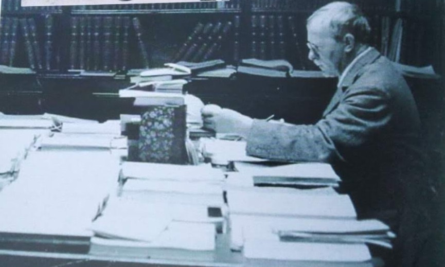 Bellamy at his desk at Radcliffe Observatory, 1934. Photo from Oxford Philatelic Society: A History.